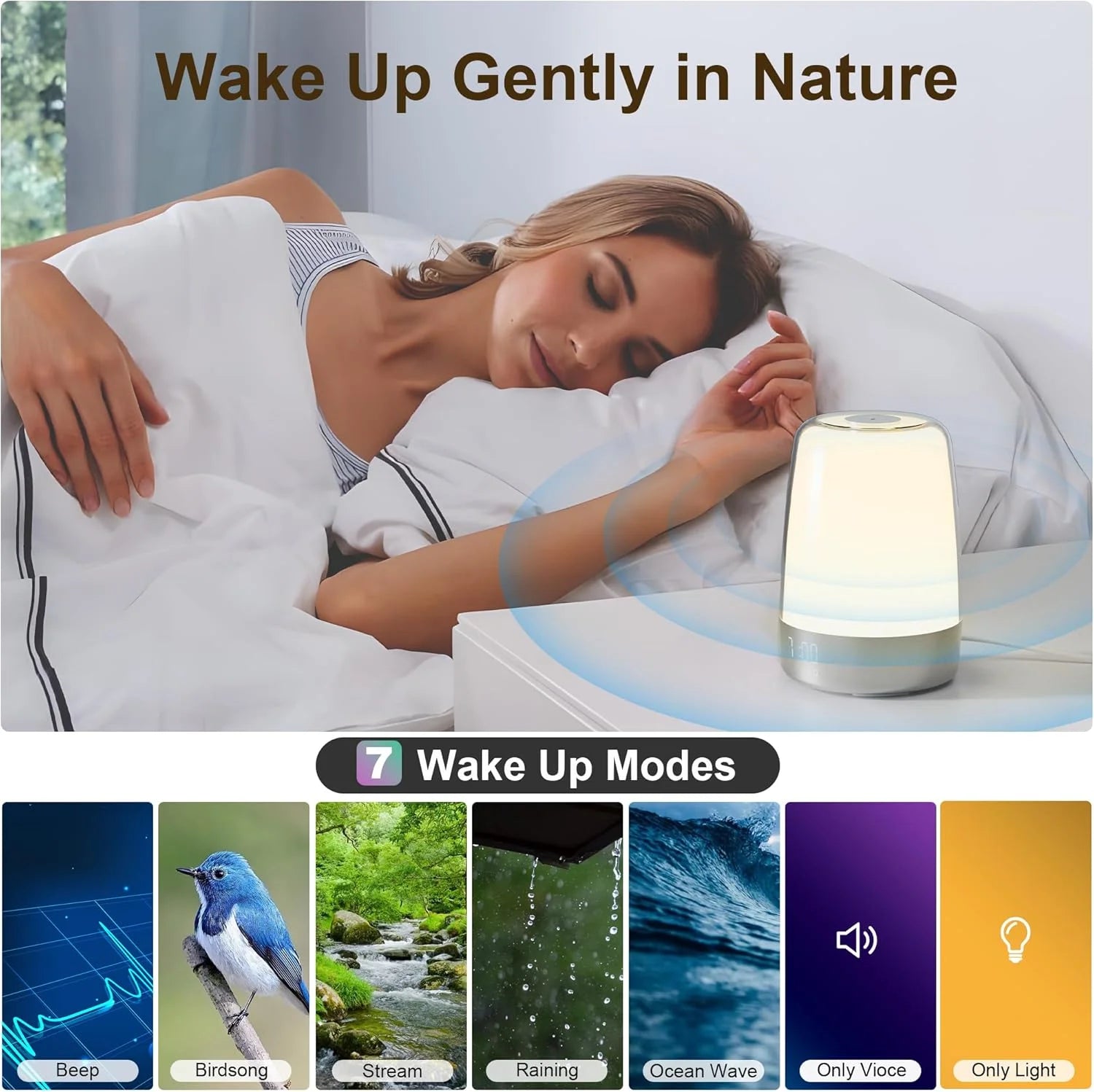 Exiting 3 Ways Alarm Clock, Wake up Light Alarm Clock, 3 Ways Dimmable Modern Small Digital RGB Bedside Lamp for Heavy Sleeper