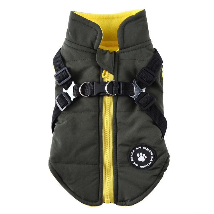 Chest strap jacket cotton-padded coat in dark green and yellow, featuring adjustable straps and zipper.