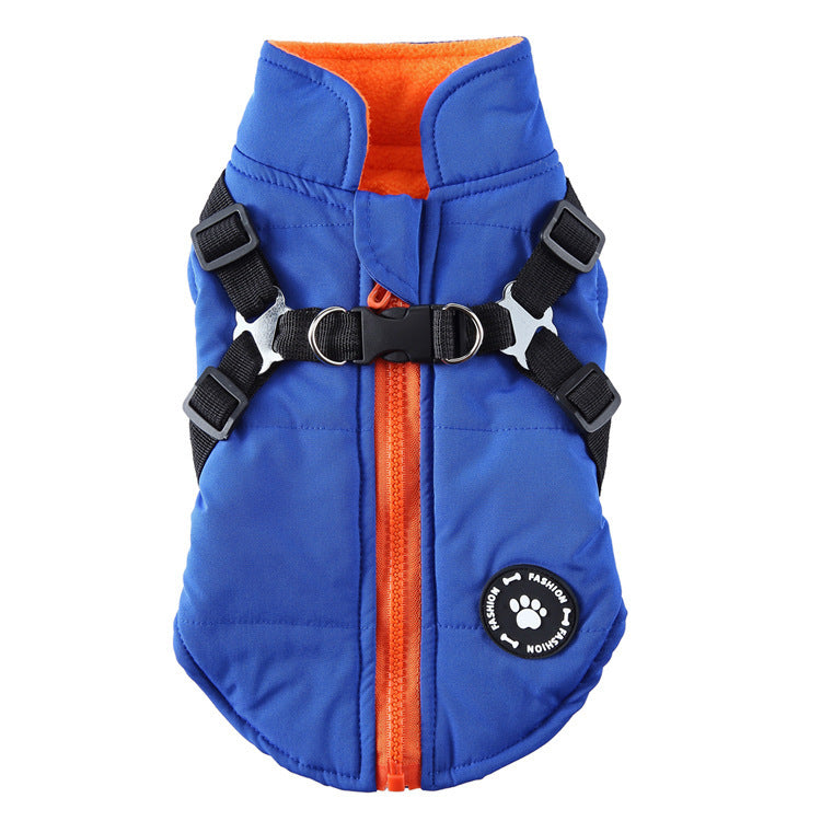 Blue chest strap jacket cotton-padded coat with orange lining and adjustable straps for pets.
