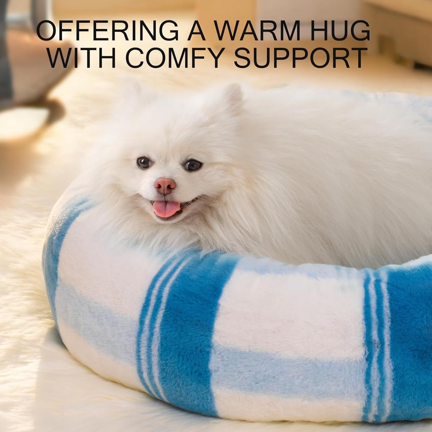 MEWOOFUN Plush Round Cat Bed For Indoor Cats - Calming Washable Pet Bed With Non-Slip Bottom, Soft Fluffy Dog Bed For Puppy & Kitten, 23 Inch Blue Striped