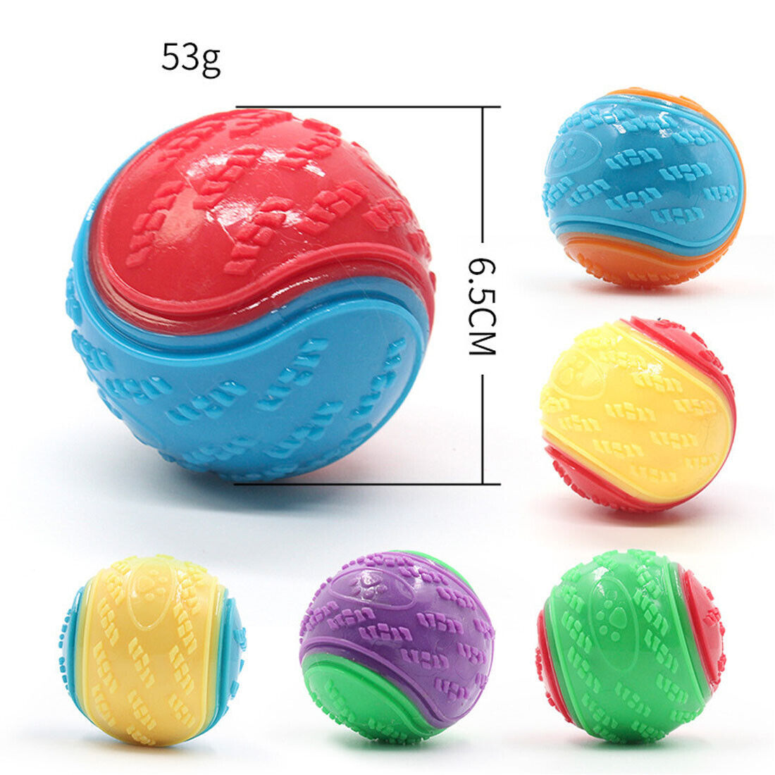 Colorful set of durable squeaky dog balls in red, blue, yellow, green, and purple, ideal for playtime and teeth exercise.