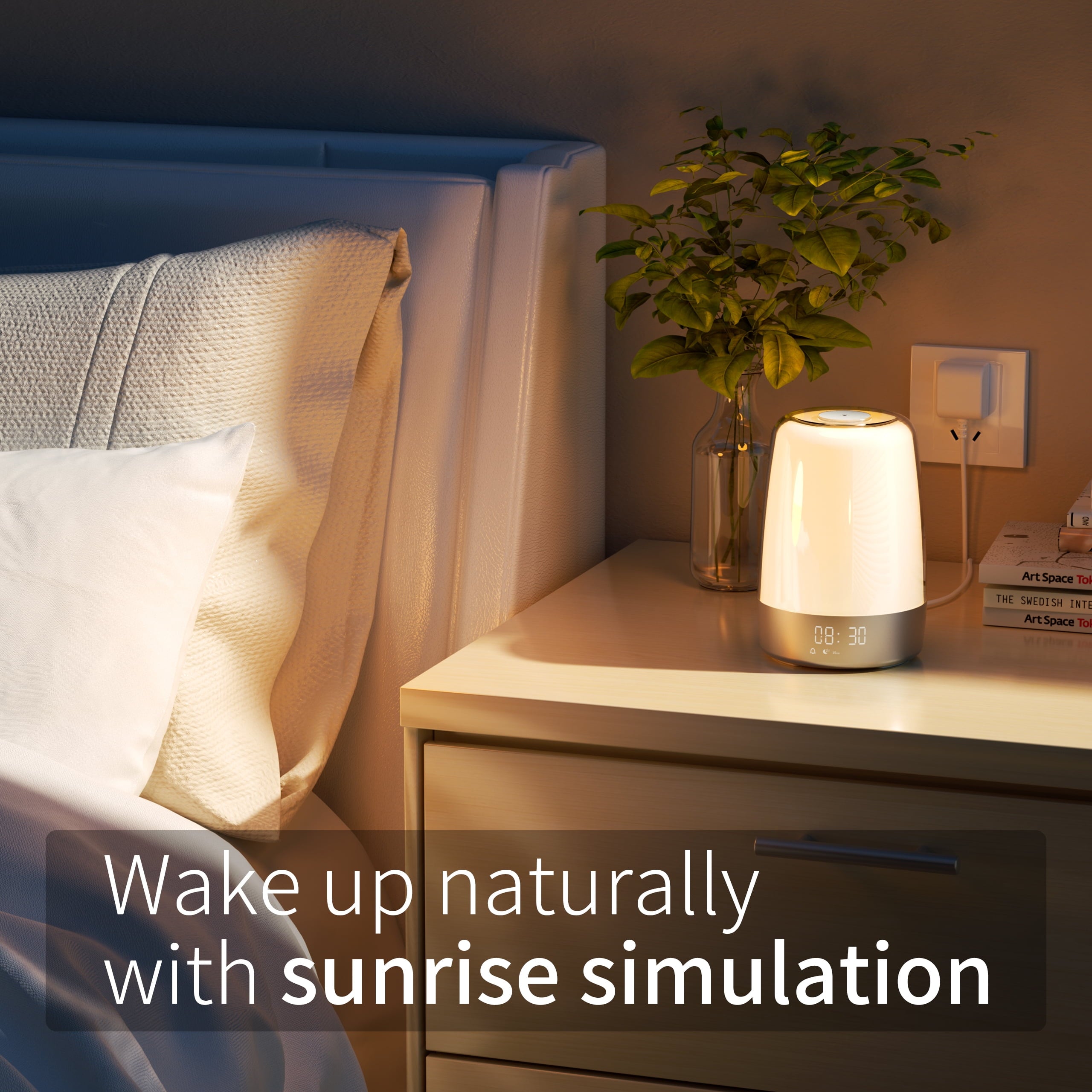 Exiting 3 Ways Alarm Clock, Wake up Light Alarm Clock, 3 Ways Dimmable Modern Small Digital RGB Bedside Lamp for Heavy Sleeper