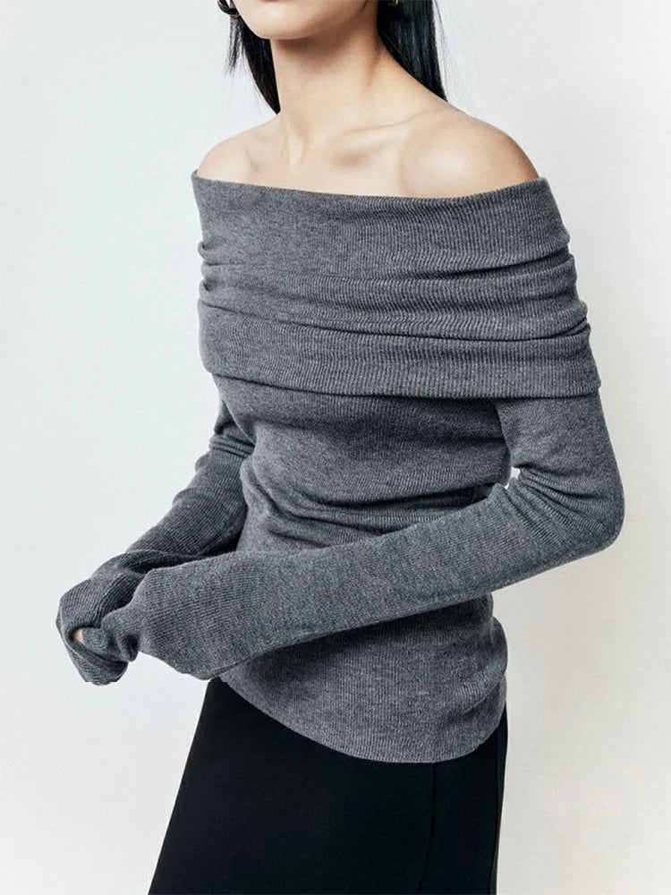 Fashion Women Slash Neck Sweater Women Tops Knitted Slim Basic All-match Sexy Elegant Off Shoulder Autumn Winter Long Sleeve Pullovers Female