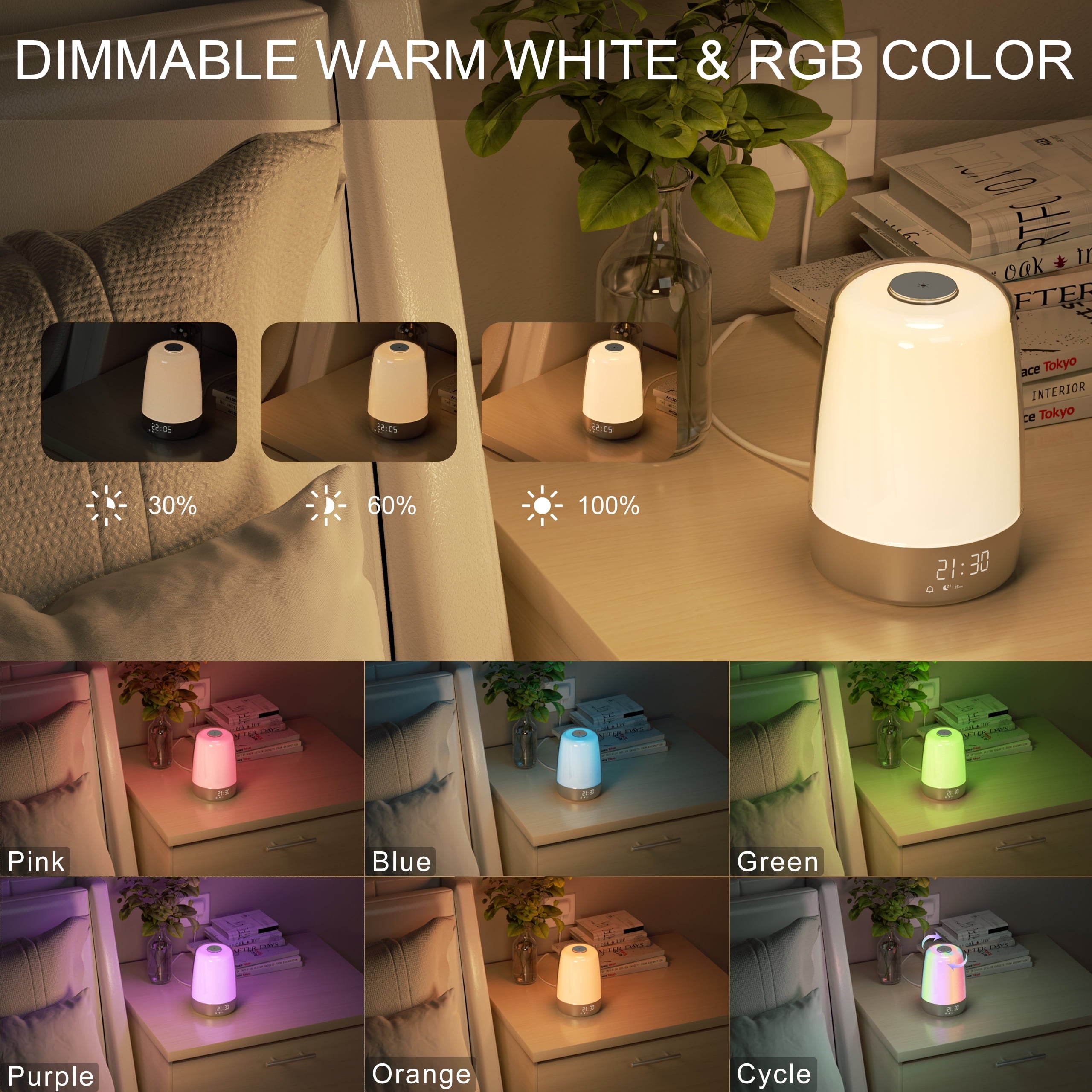 Exiting 3 Ways Alarm Clock, Wake up Light Alarm Clock, 3 Ways Dimmable Modern Small Digital RGB Bedside Lamp for Heavy Sleeper