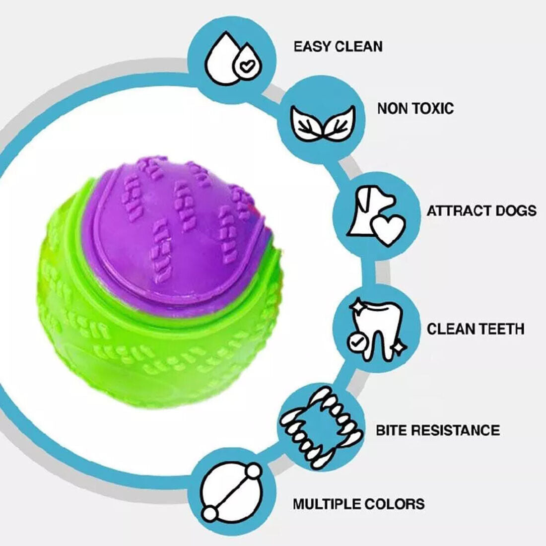 Scooby-Doo durable squeaky dog ball in green and purple, featuring easy clean, non-toxic, bite resistance attributes.